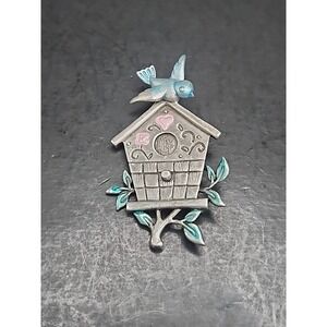 VTG Jonette Jewelry Pewter Bird House W/Blue Bird & Pink Hearts Brooch Pin 2.25"